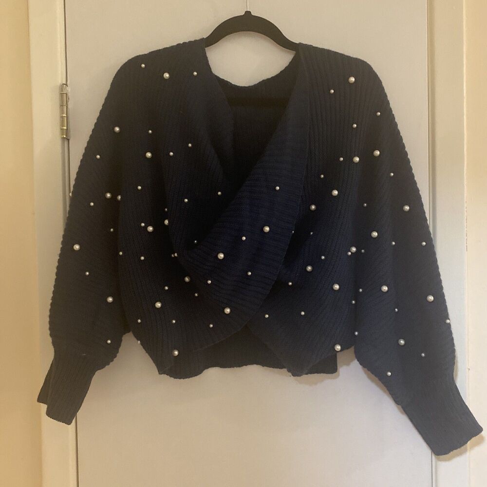 Shein Sweater Womens 3XL Blue Crop Mock Wrap Pearl Bishop Long Sleeve Soft NWOT